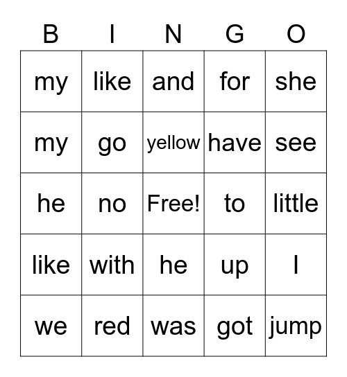 Find the sight words Bingo Card
