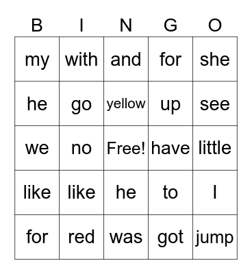 Find the sight words Bingo Card