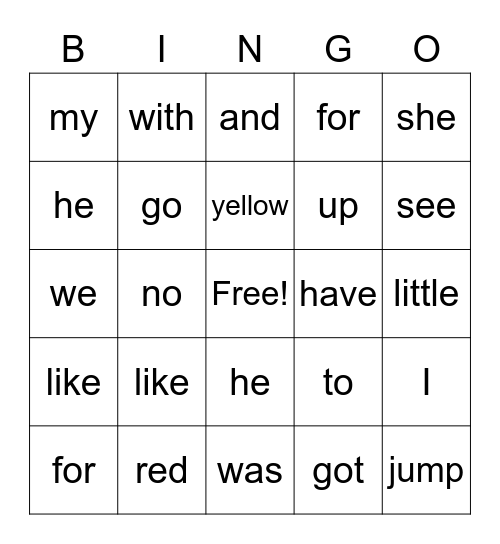 Find the sight words Bingo Card
