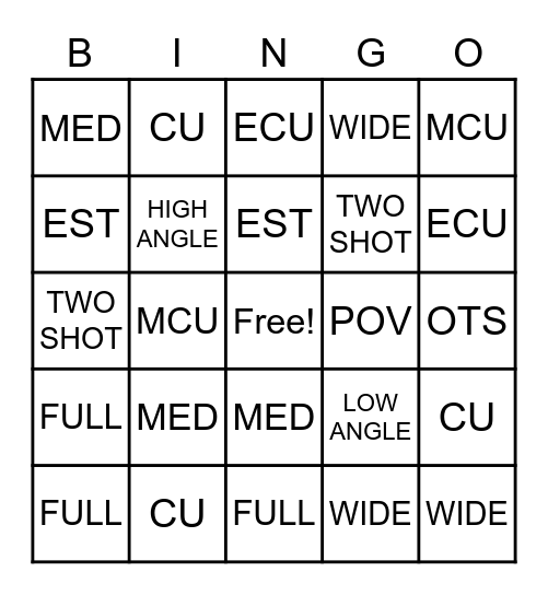 TYPES OF CAMERA SHOTS Bingo Card