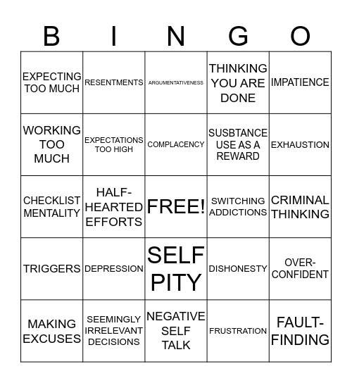 RELAPSE PREVENTION  Bingo Card