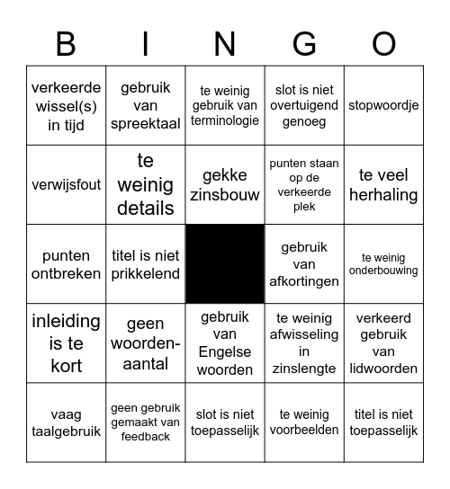 RECENSIE OPDRACHT Bingo Card