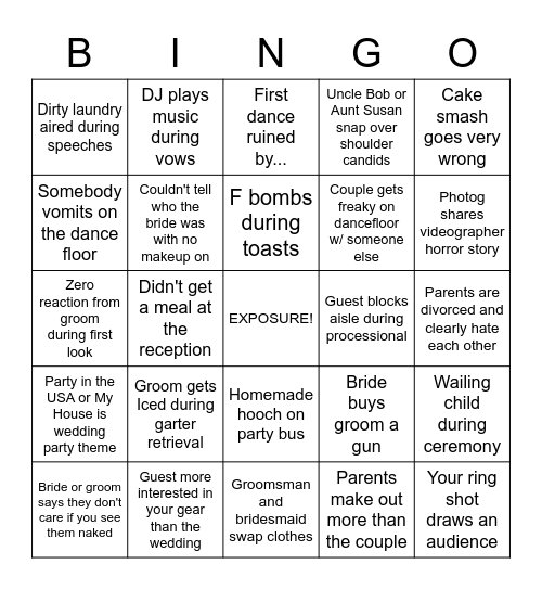 Wedding Filmmaker Bingo Card