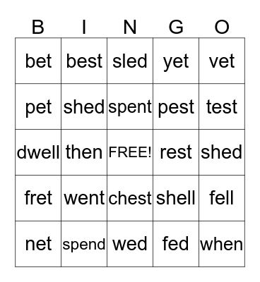Short "e" Words Bingo Card