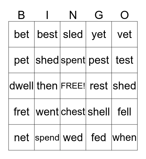 Short "e" Words Bingo Card