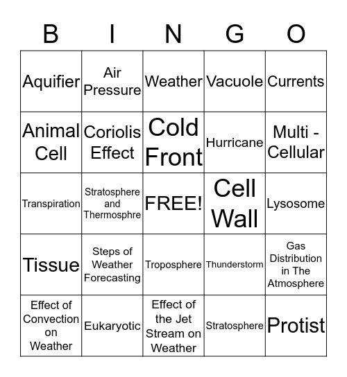 Weather, Atmosphere, Cells Bingo Card