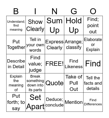 Verb Vocabulary Bingo Card