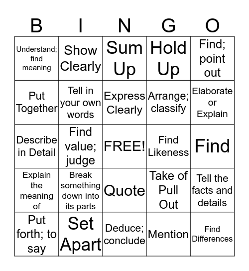 Verb Vocabulary Bingo Card