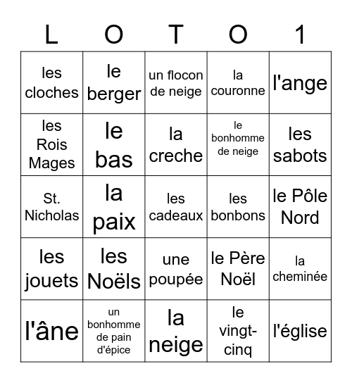 Vocabulaire de Noël Bingo Card