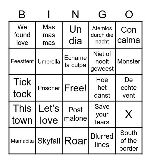 Liedjesbingo klas 3 Bingo Card