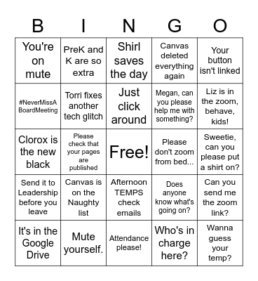 Winds West 2020 Bingo Card