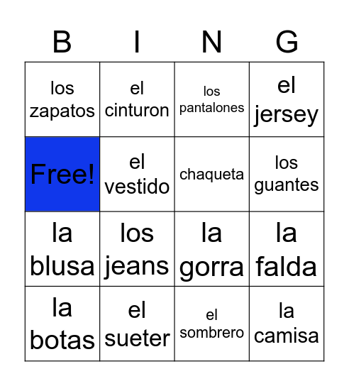 La ropa Bingo Card