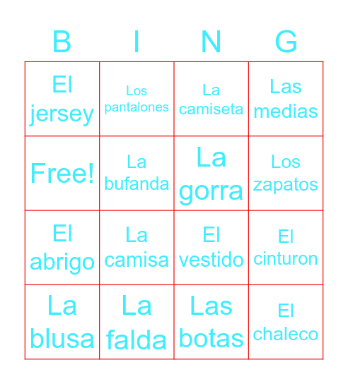 La Ropa Bingo Card