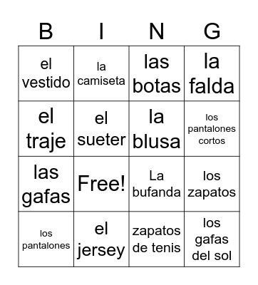 La ropa Bingo Card