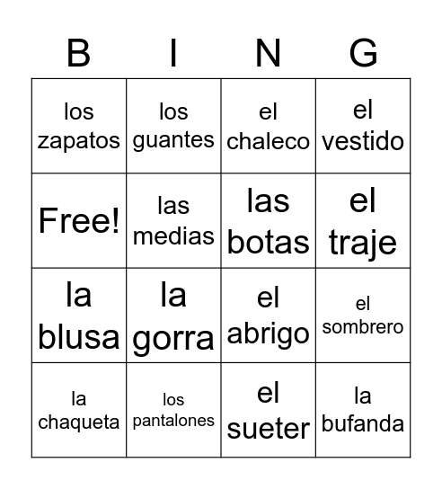 la ropa Bingo Card