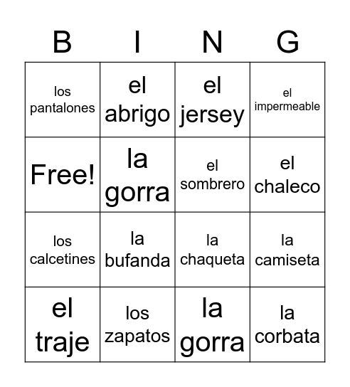 la ropa Bingo Card