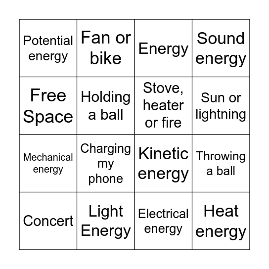 ENERGY VOCAB BINGO Card