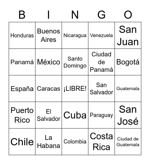 Los Países Y las Capitales Bingo Card