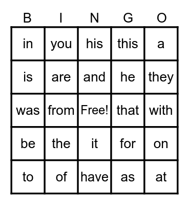 Sight Words #1-25 Bingo Card