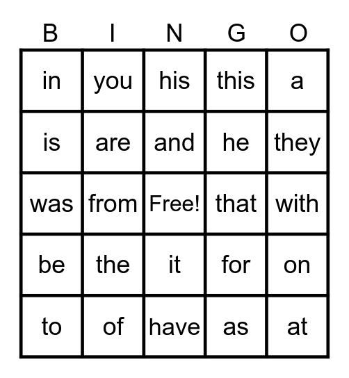 Sight Words #1-25 Bingo Card