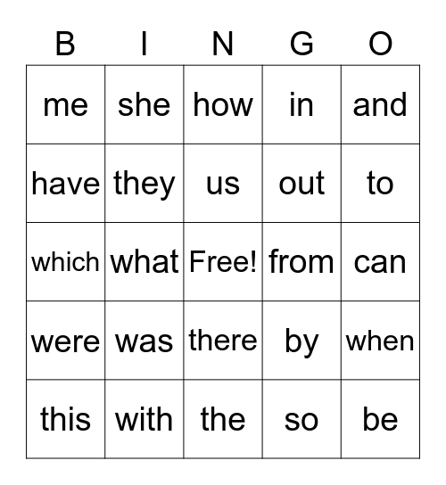 Sight Words Bingo Card