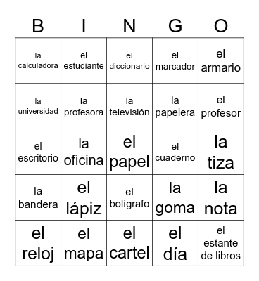 Classroom Objects Bingo Card
