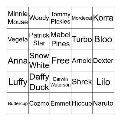 Famous Cartoon Characters Bingo Card