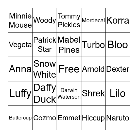 Famous Cartoon Characters Bingo Card