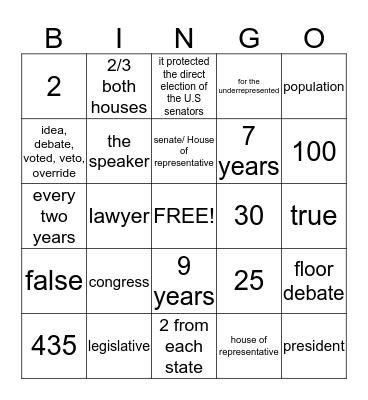 legislative Bingo Card