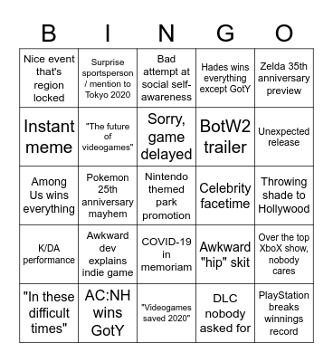 Game Awards 2020 Bingo Card