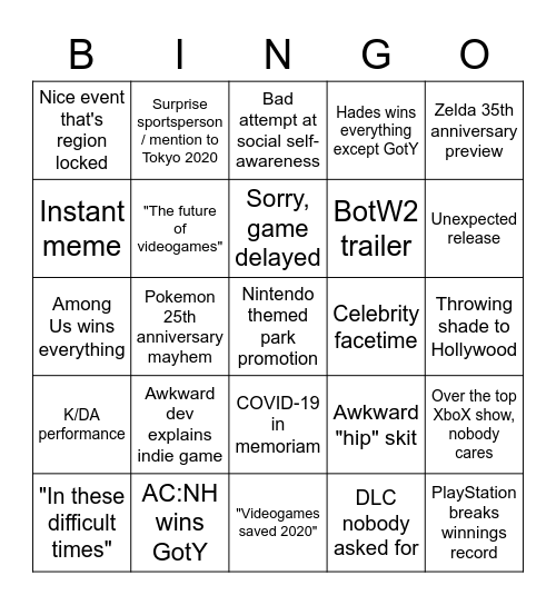 Game Awards 2020 Bingo Card