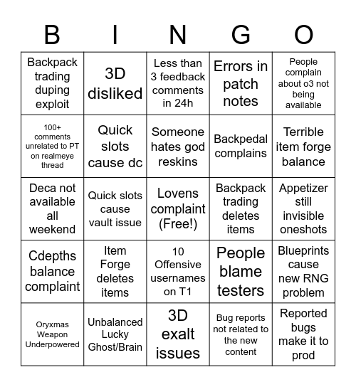 Public Testing Bingo Card