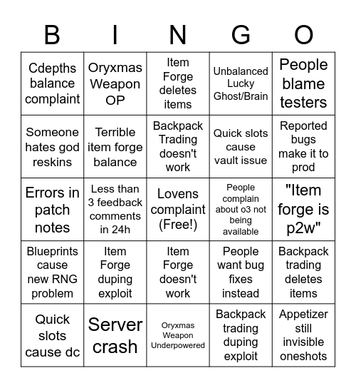 Public Testing Bingo Card