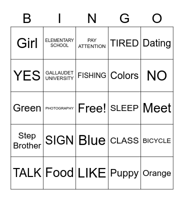 ASL Unit #2 Vocab Bingo Card
