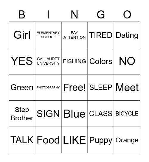 ASL Unit #2 Vocab Bingo Card