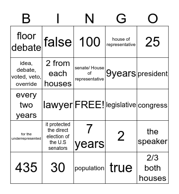legislative Bingo Card