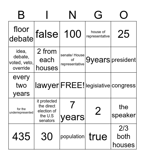 legislative Bingo Card
