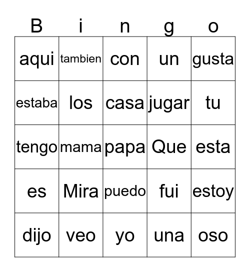Bingo con palabras de alta frequencia Bingo Card