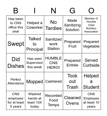 Humble Child Nutrition 2020 Bingo Card