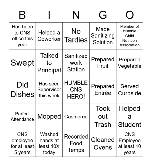 Humble Child Nutrition 2020 Bingo Card