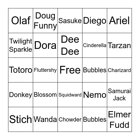 Famous Cartoon Characters Bingo Card