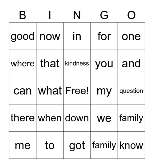 WOW Words Practice Bingo Card