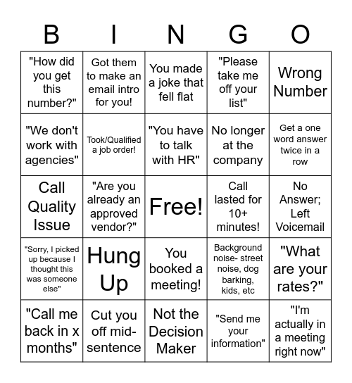 Cold Call Bingo Card