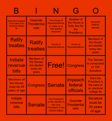 Legislative Branch Bingo Card