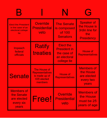 Legislative Branch Bingo Card