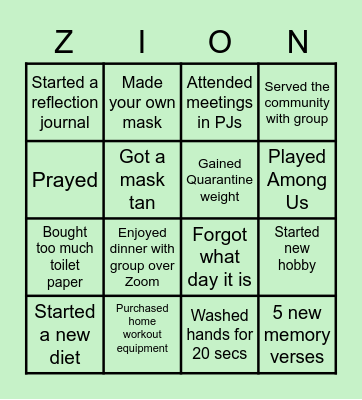 SAMPLE Zion Bingo Card