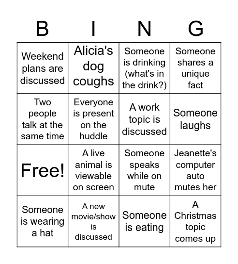 OD&L Huddle Bingo Card