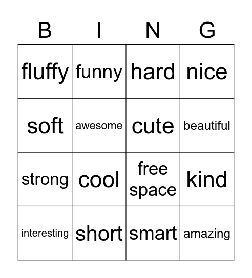 Adjective Bingo Card