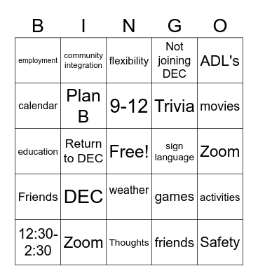 COVID ALTERNATIVE Bingo Card