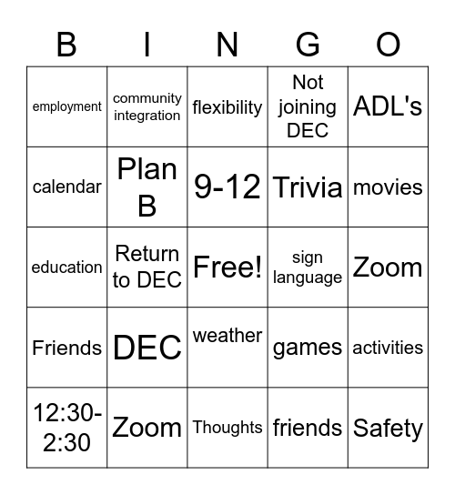 COVID ALTERNATIVE Bingo Card